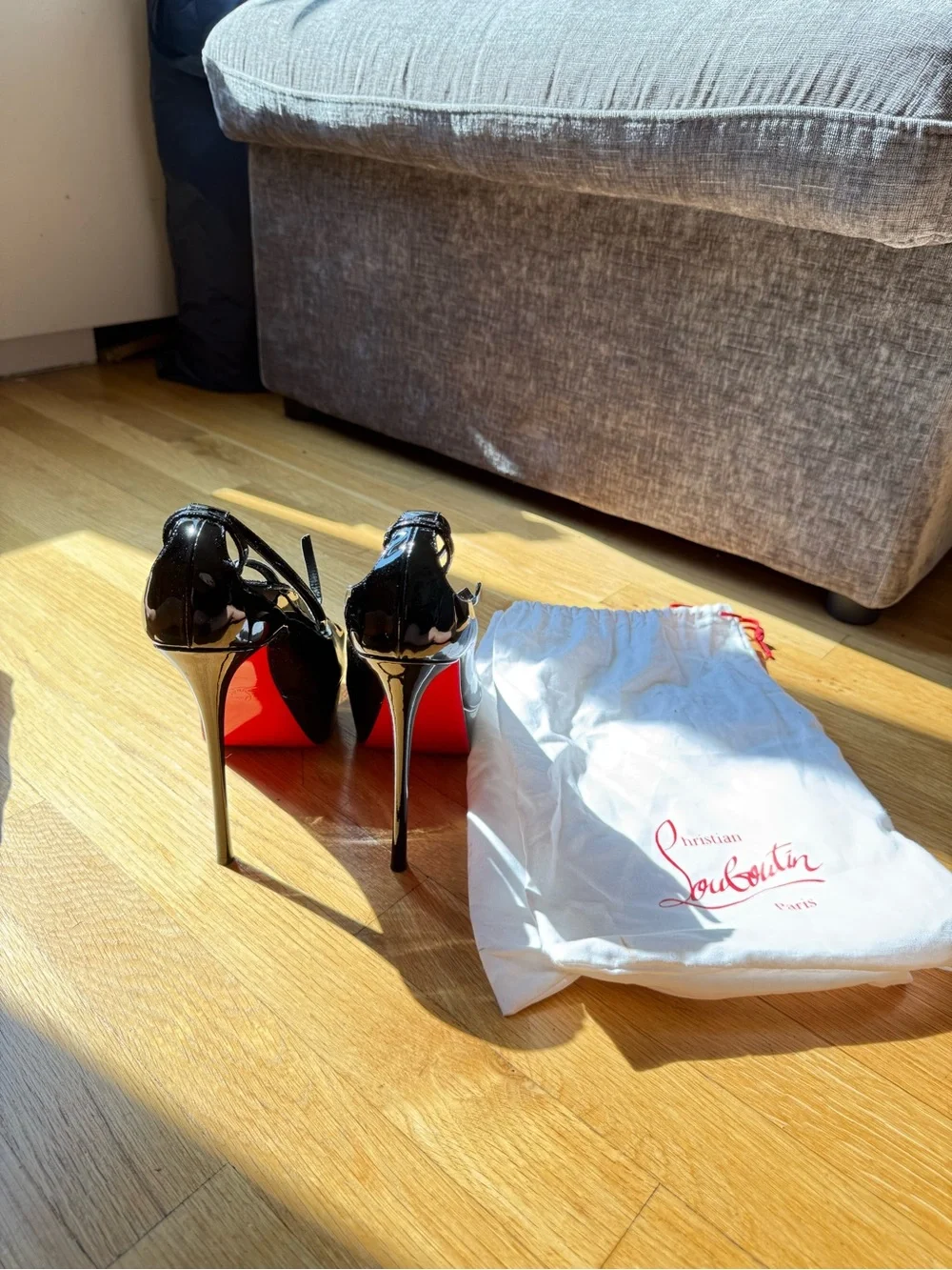 Christian Louboutin Black Patent Peep-Toe Lace-Up Platform Pumps with Red Sole